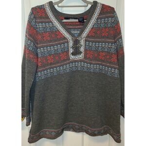 Nodic Ski Chalet Clasp Sweater Long Sleeve‎ Vneck Gray Sz Large Winter Resort